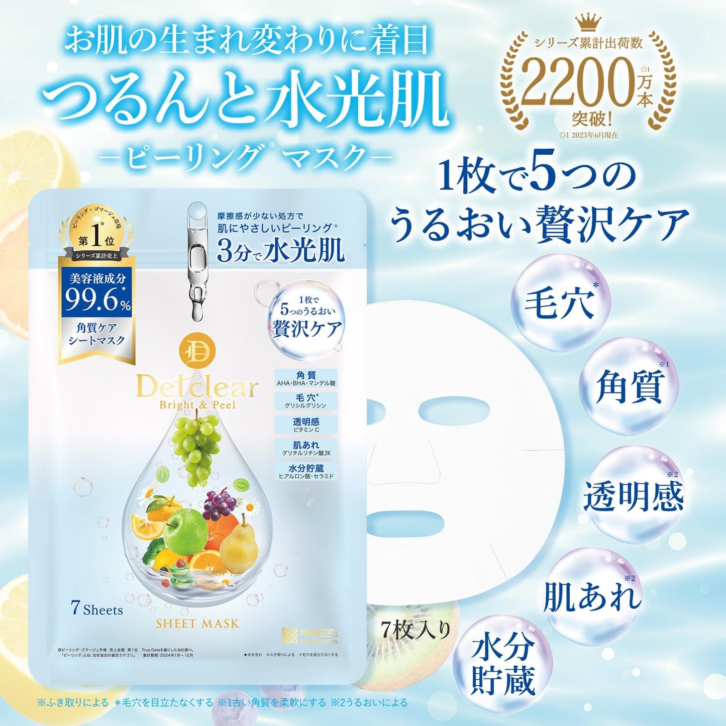 Máscara facial DET Clear Bright & Peel (7 folhas) – Tratamento esfoliante de 3 minutos, fabricada no Japão