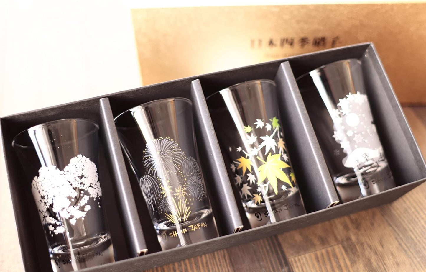 Marumo Takagi Pottery – Cold Sensation Japanese Four Seasons Sake Glass Set – 4 Pieces
