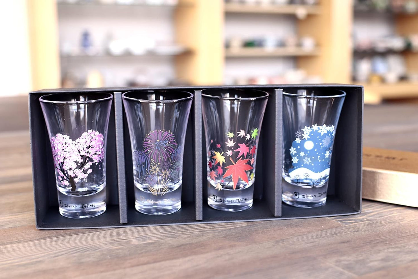 Marumo Takagi Pottery – Cold Sensation Japanese Four Seasons Sake Glass Set – 4 Pieces