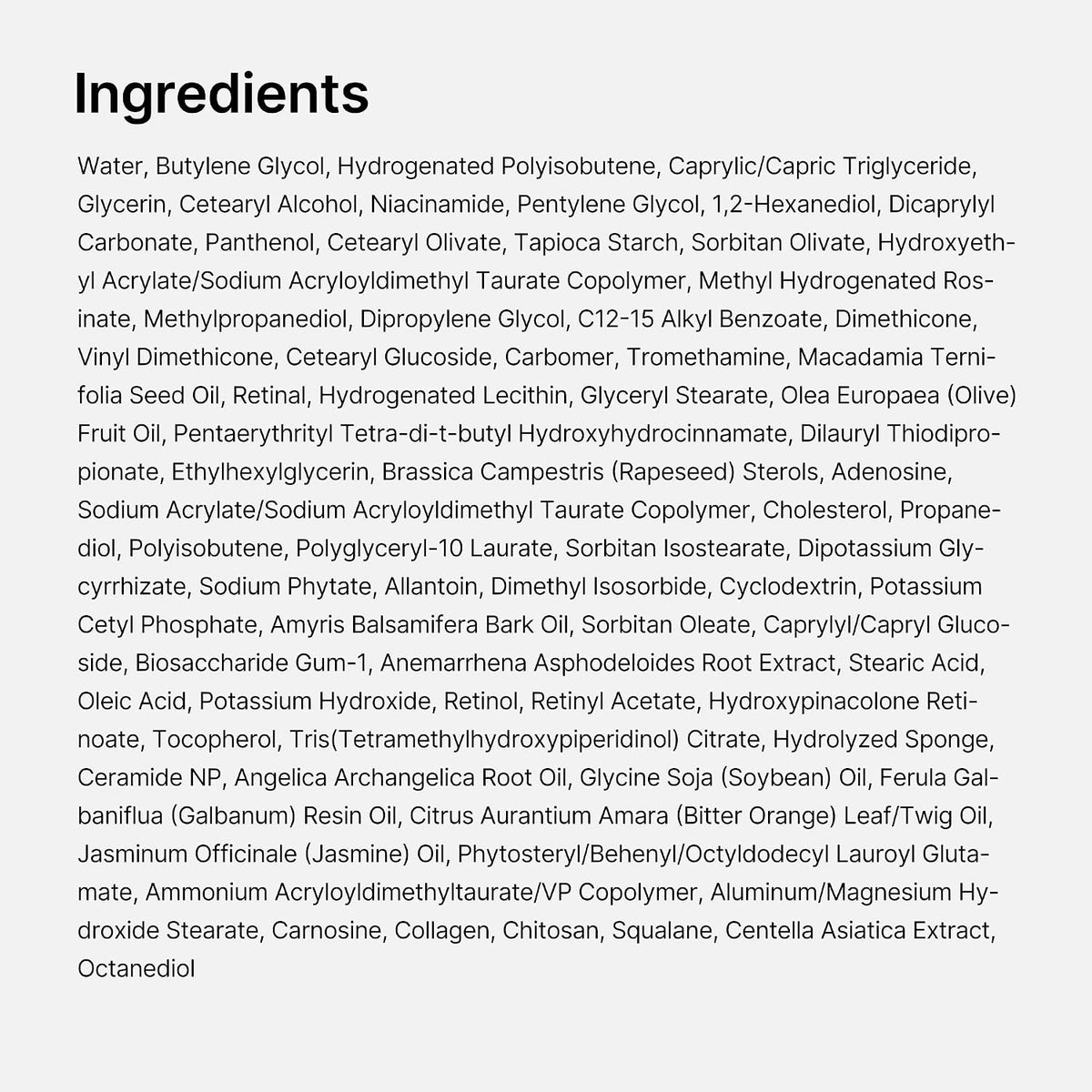 MEDICUBE Vita A Retinal Volume Booster full ingredient list including Retinal Retinol HPR Retinyl Acetate Ceramide NP Collagen Squalane and Centella Asiatica
