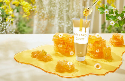 &honey Precious Repair Hair Pack 200g lifestyle shot with honeycomb