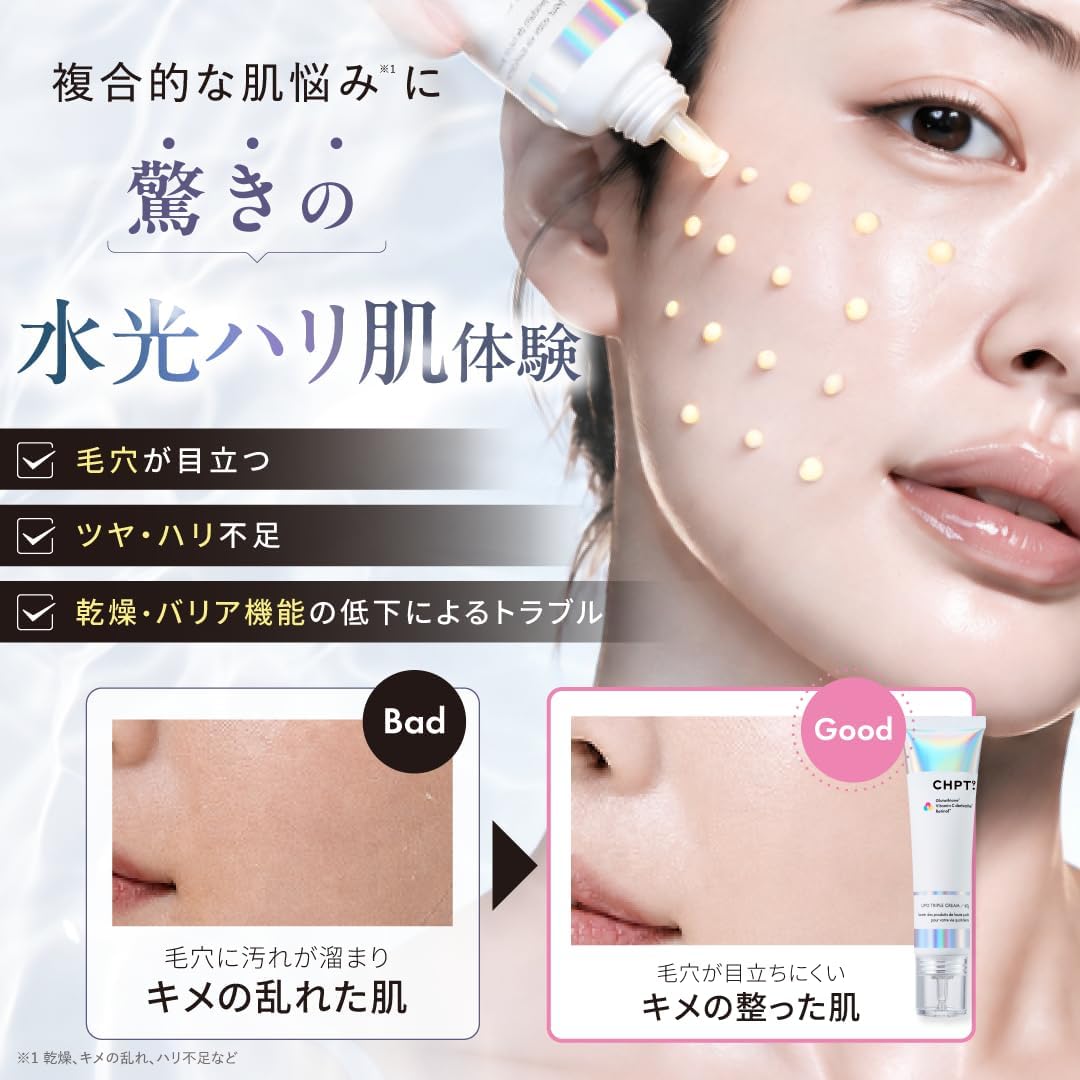 CHPT.9 Lipo Triple Cream before and after pore and skin texture comparison showing smoother luminous skin