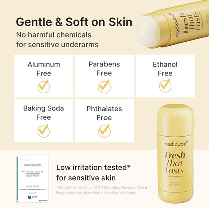 MEDICUBE Fresh That Lasts Deodorant gentle soft on skin 5-free formula aluminum parabens ethanol baking soda phthalates free low irritation tested