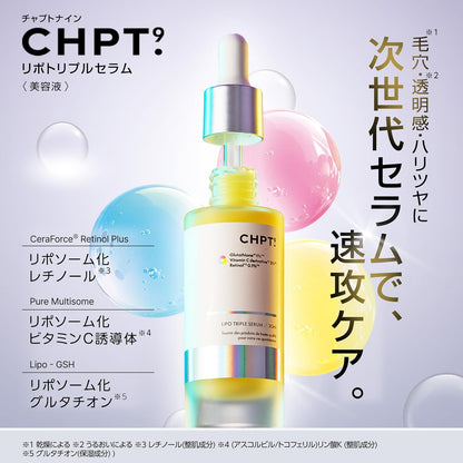 CHPT.9 Lipo Triple Serum 30ml bottle with liposome Retinol Vitamin C and Glutathione key ingredient callouts