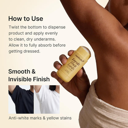 MEDICUBE Fresh That Lasts Deodorant how to use twist dispense apply on clean dry underarms smooth invisible finish no white marks no yellow stains