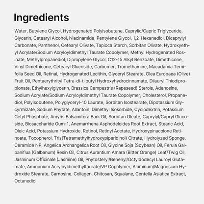 MEDICUBE Vita A Retinal Volume Booster full ingredient list including Retinal Retinol HPR Retinyl Acetate Ceramide NP Collagen Squalane and Centella Asiatica