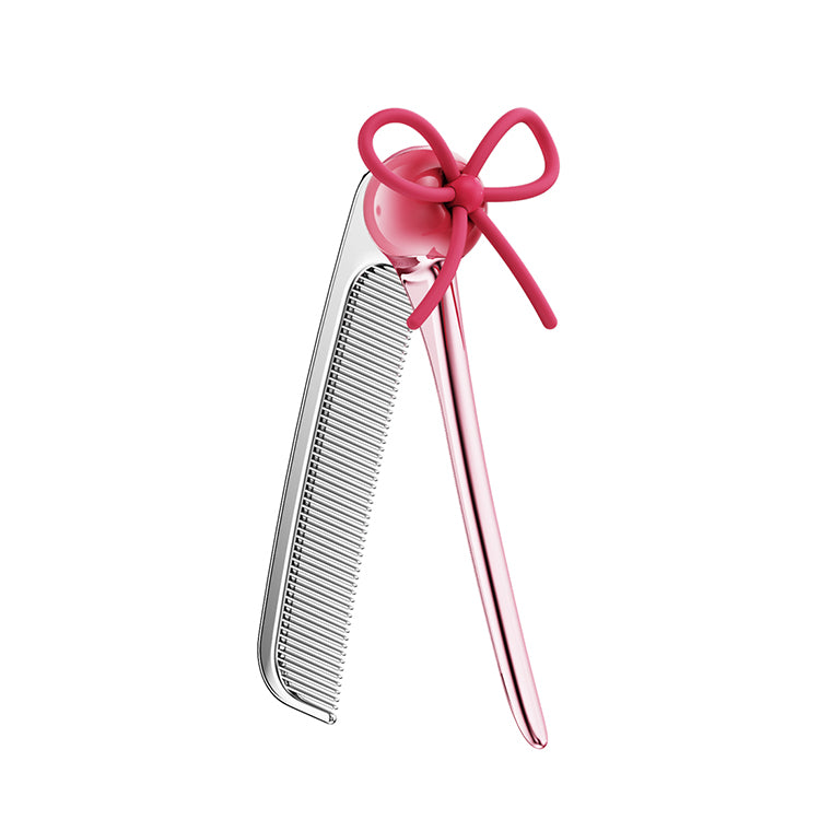 Medicube Ribbon Cherry Chrome Folding Comb folded with bow detail side view