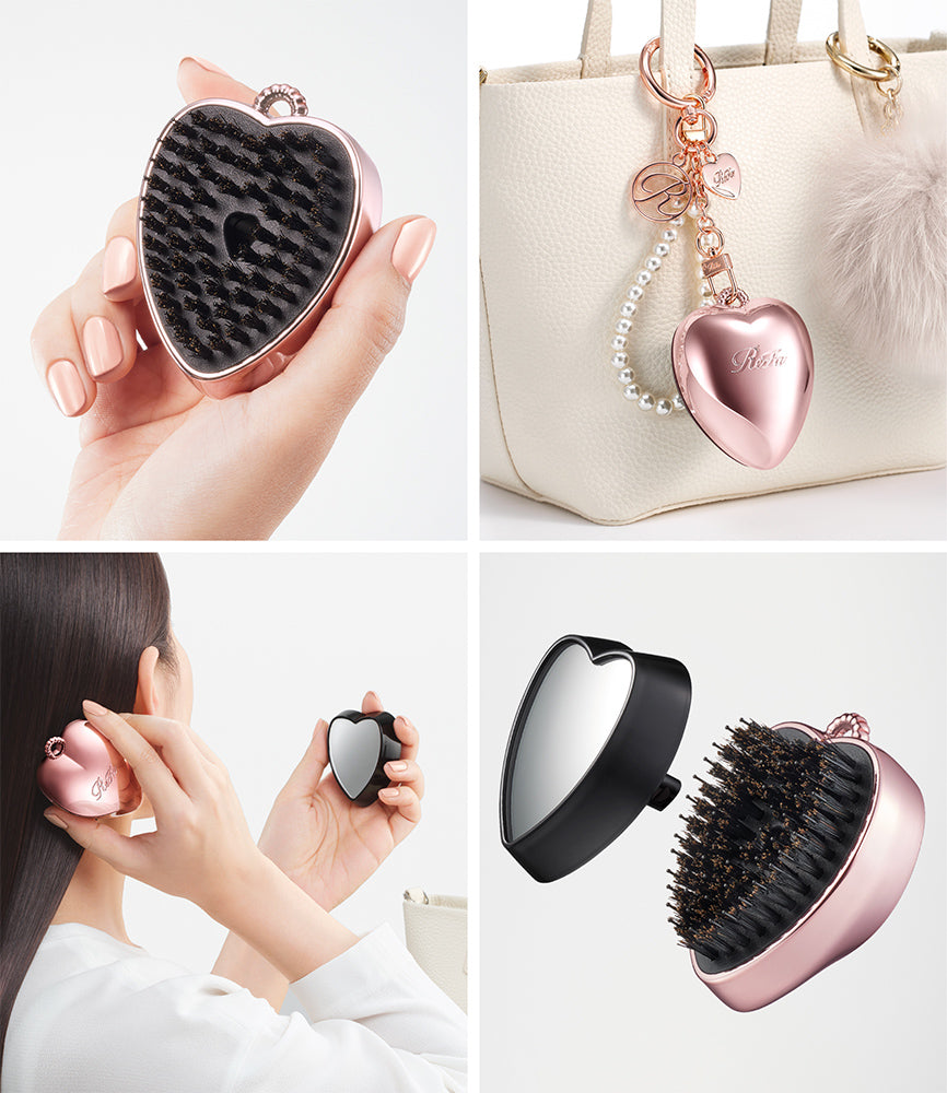 ReFa HEART BRUSH Charm – Mini Hairbrush with Mirror, 100% Boar